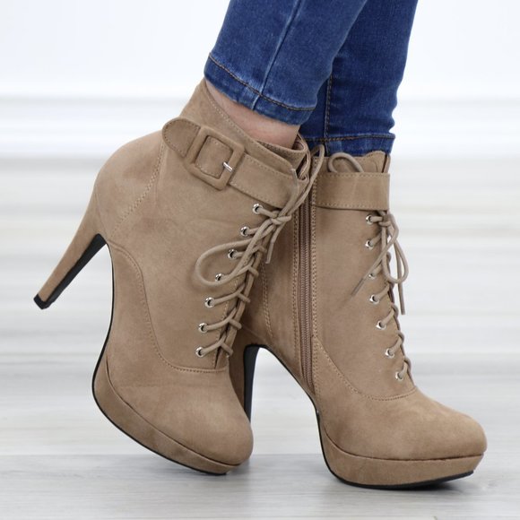 Shoes - Tan Faux Suede Heel Lace-Up Ankle Booties